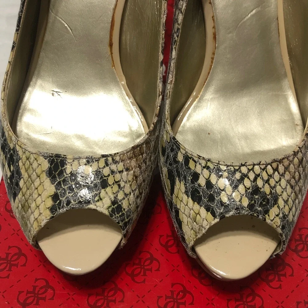 Guess by Marciano Snake-Print Peep Toe Slingback Heels in Cream, Black and Brown